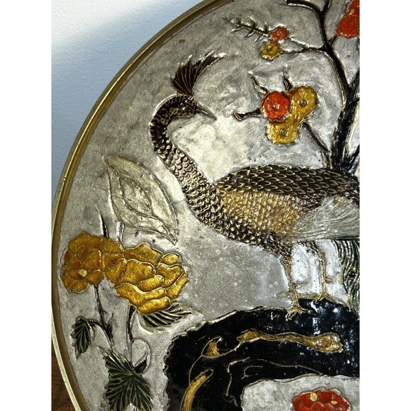 Vintage Cloisonne Enameled Brass Footed Bowl Peacocks & Flowers 9" - Picture 2 of 8